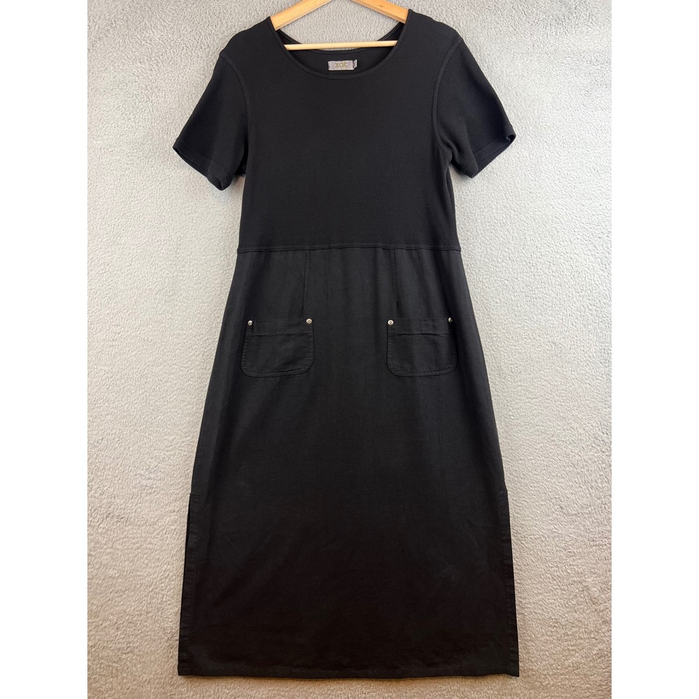Xcit USA Womens Black Mixed Media Waffle Knit Midi Dress with Pockets Size M